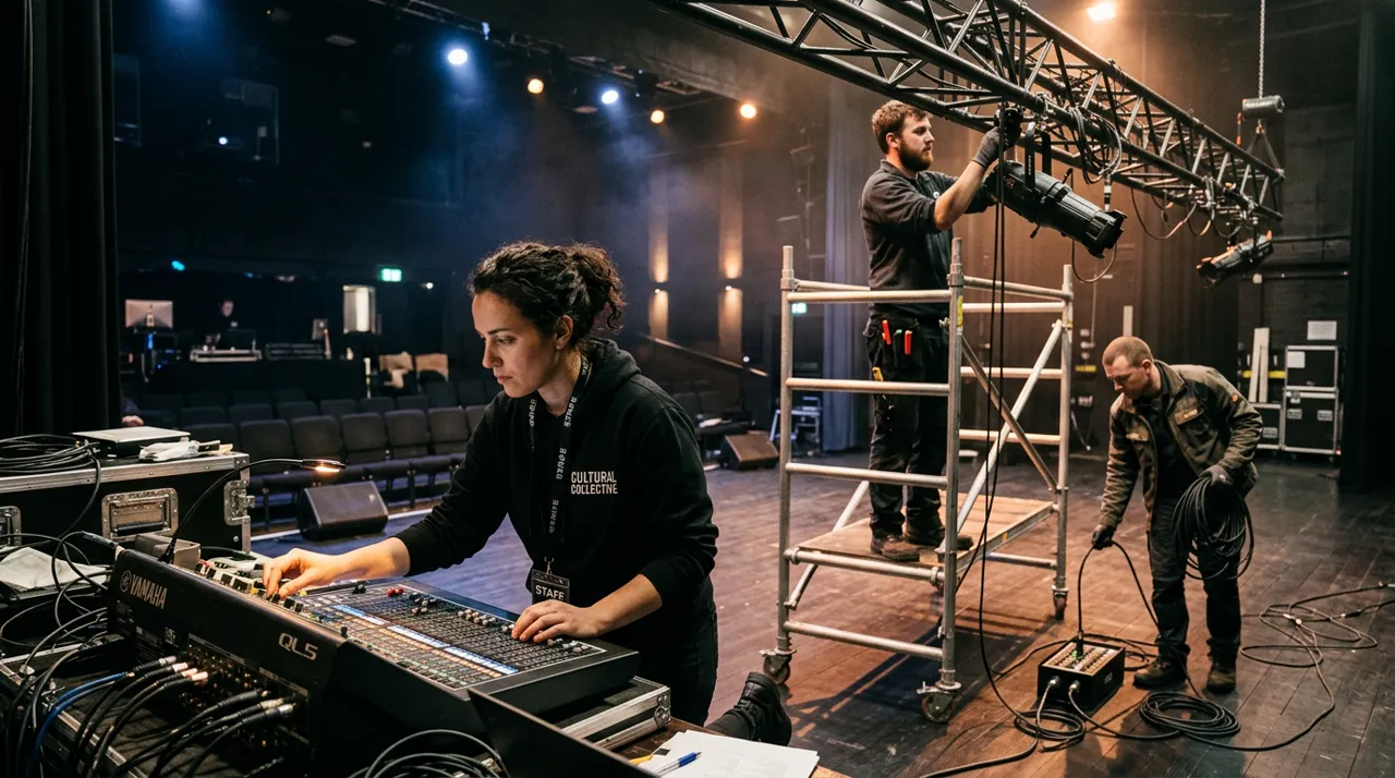 Équipe technique installant un plateau mobile en zone périurbaine